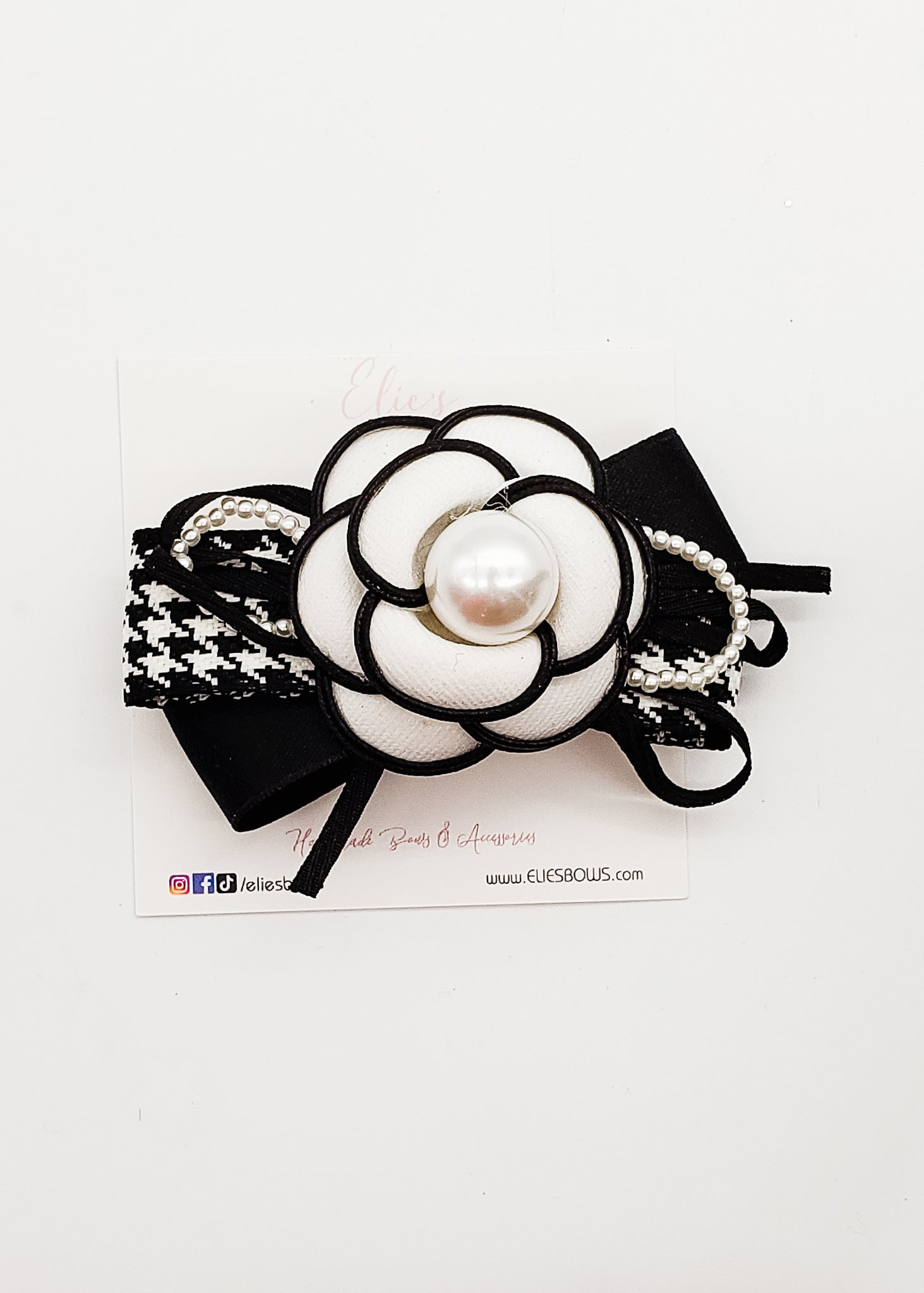 Black Flower & Pearls - Barrette Clip - 3.7"-Bows-Elie’s Bows