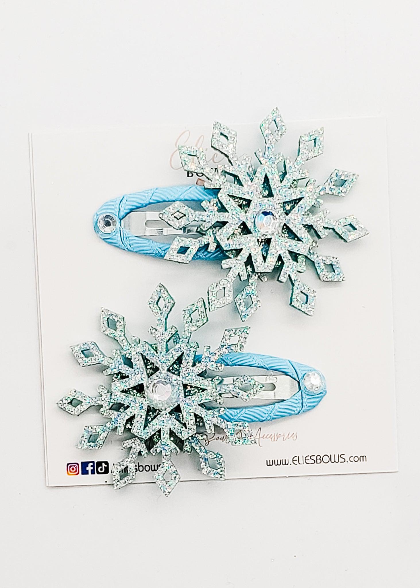 Blue Snowflake - Snap Clip Pigtails - 2.5"-Snap Clips-Elie’s Bows