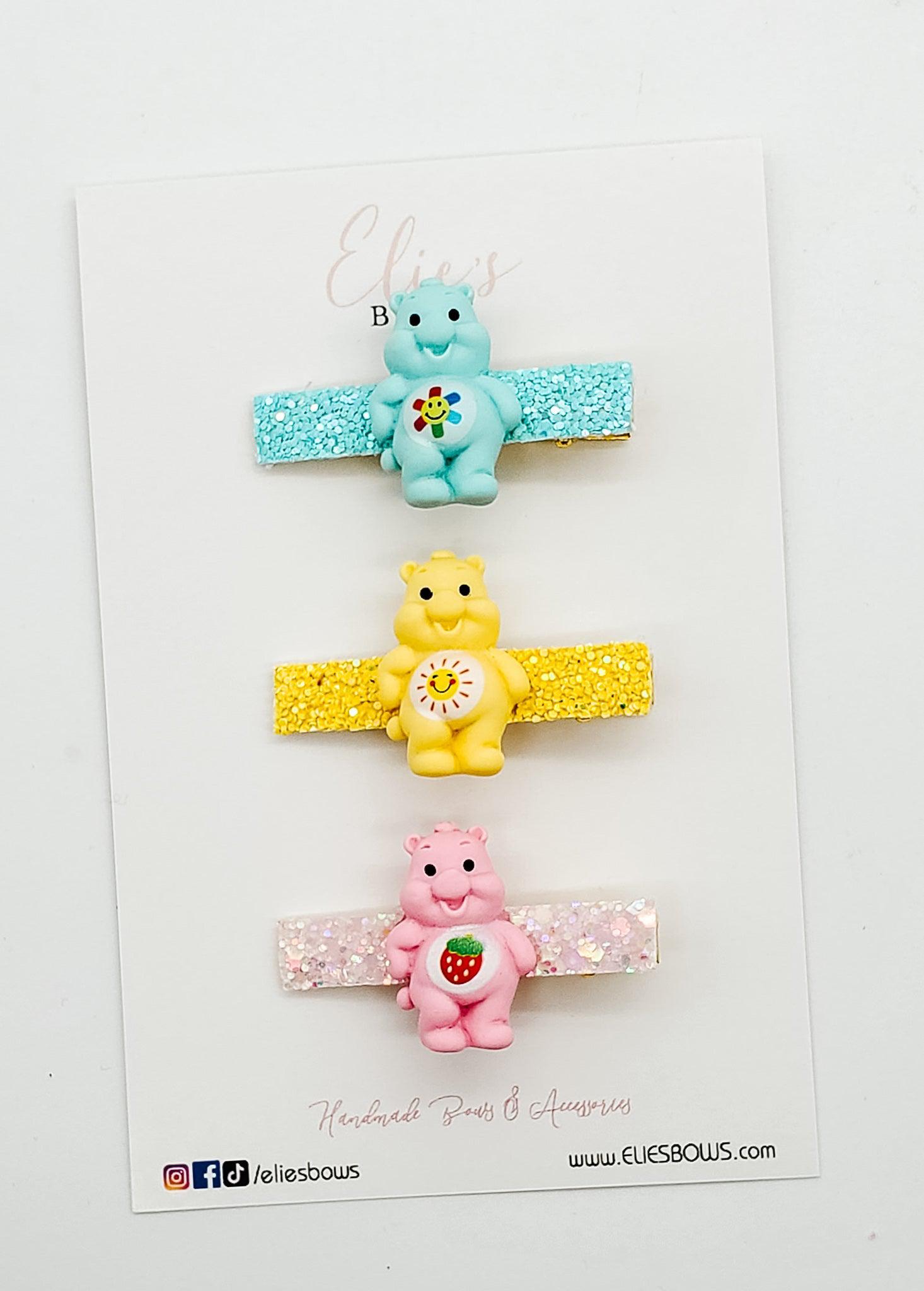 Care Bear Set (Blue, Yellow, Pink) - Bar Clip Set - 2.5"-Snap Clips-Elie’s Bows