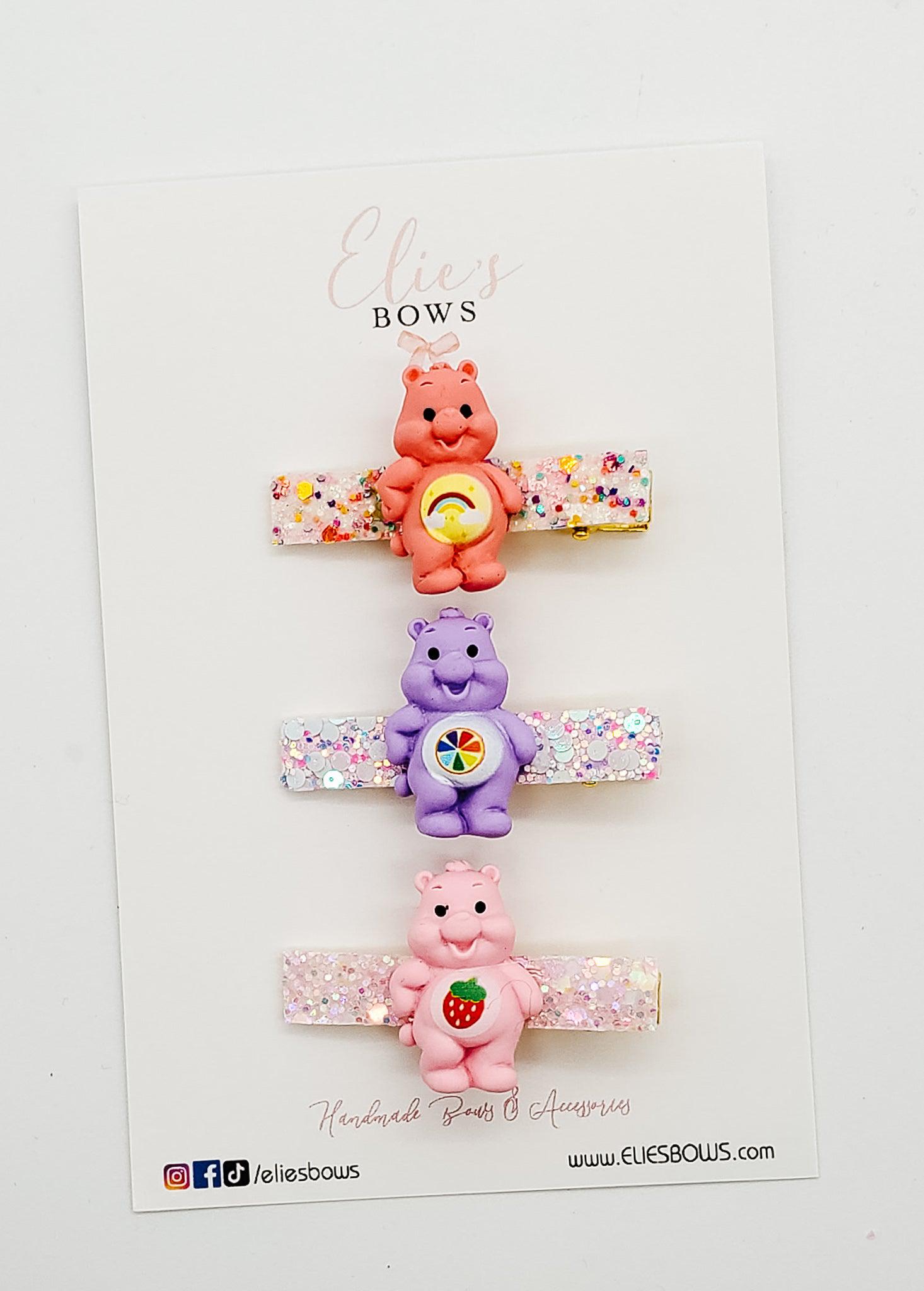 Care Bear Set (Pink, Purple, Strawberry) - Bar Clip Set - 2.5"-Snap Clips-Elie’s Bows
