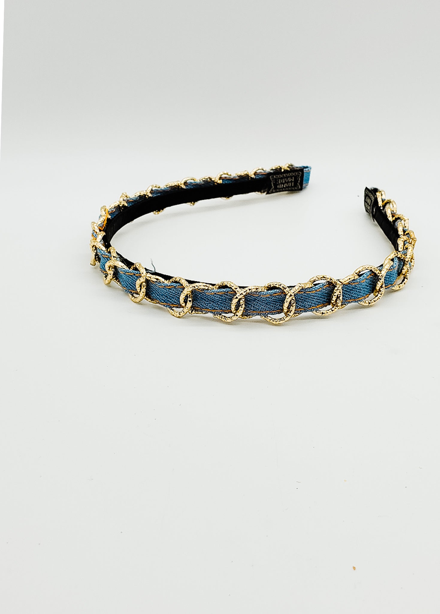 Light Denim & gold chain - Hard Headband-Headband-Elie’s Bows