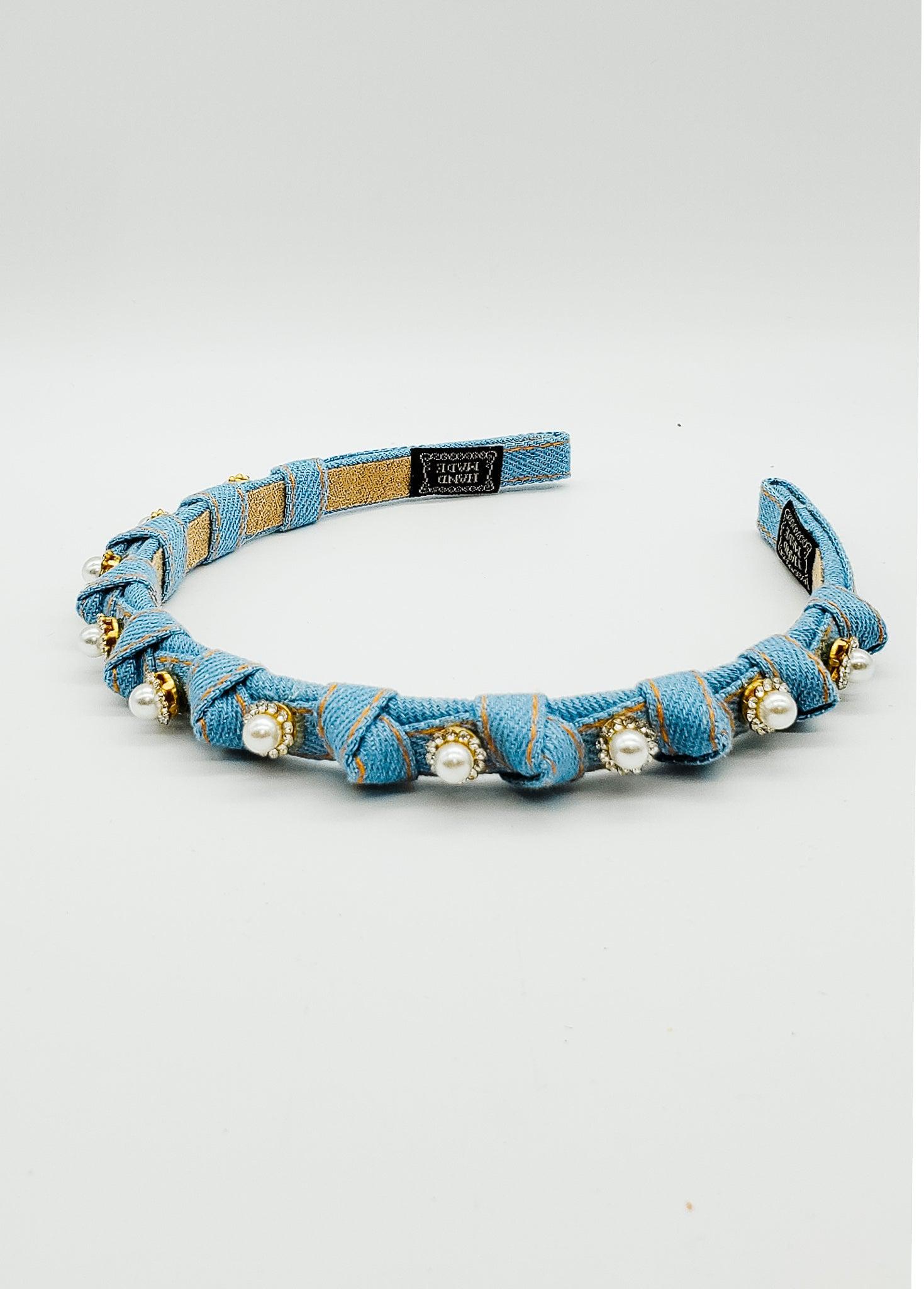 Light Denim & Pearls - Hard Headband-Headband-Elie’s Bows