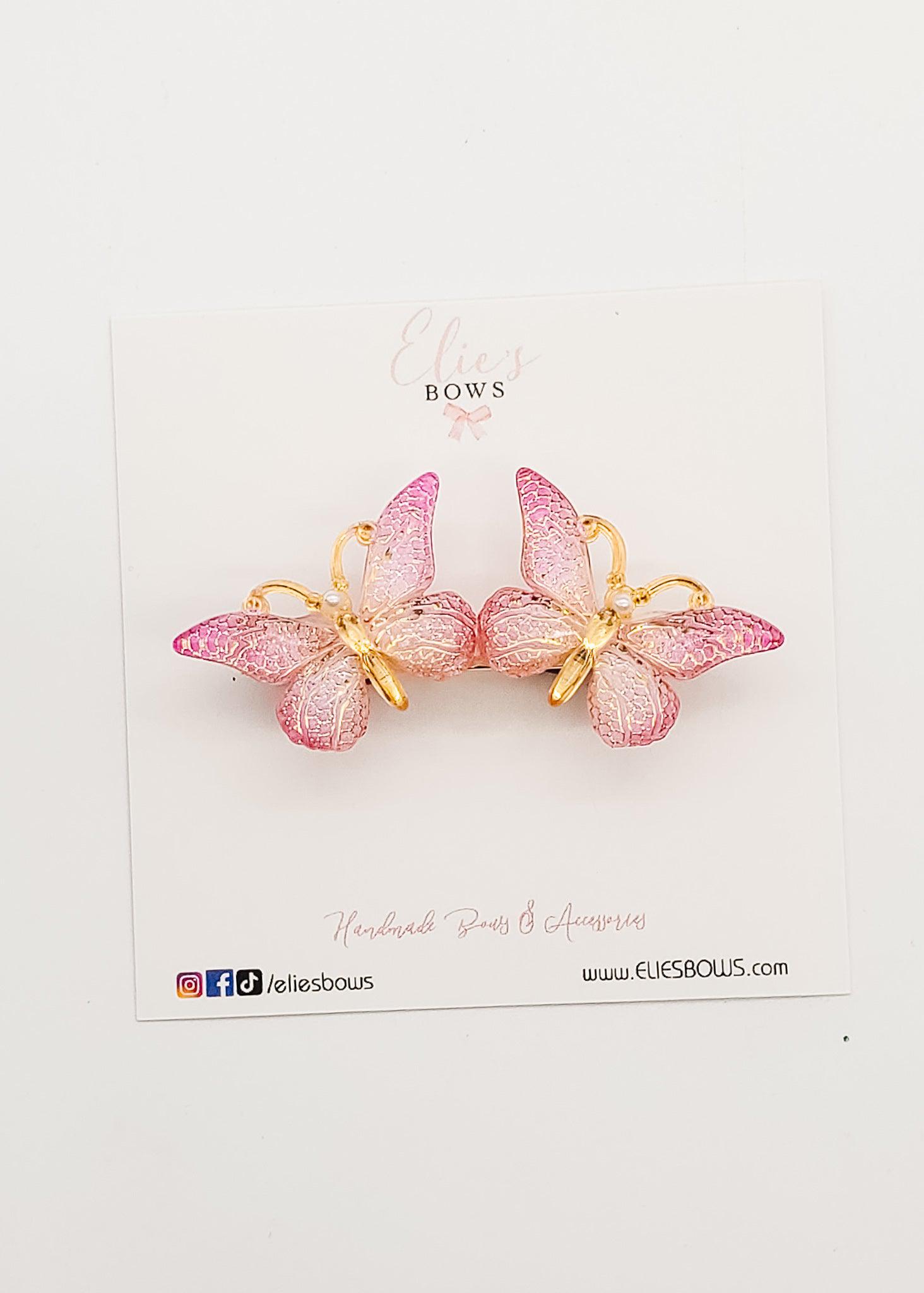 Double Pink Butterfly - Bar Clip - 2.8"-Snap Clips-Elie’s Bows