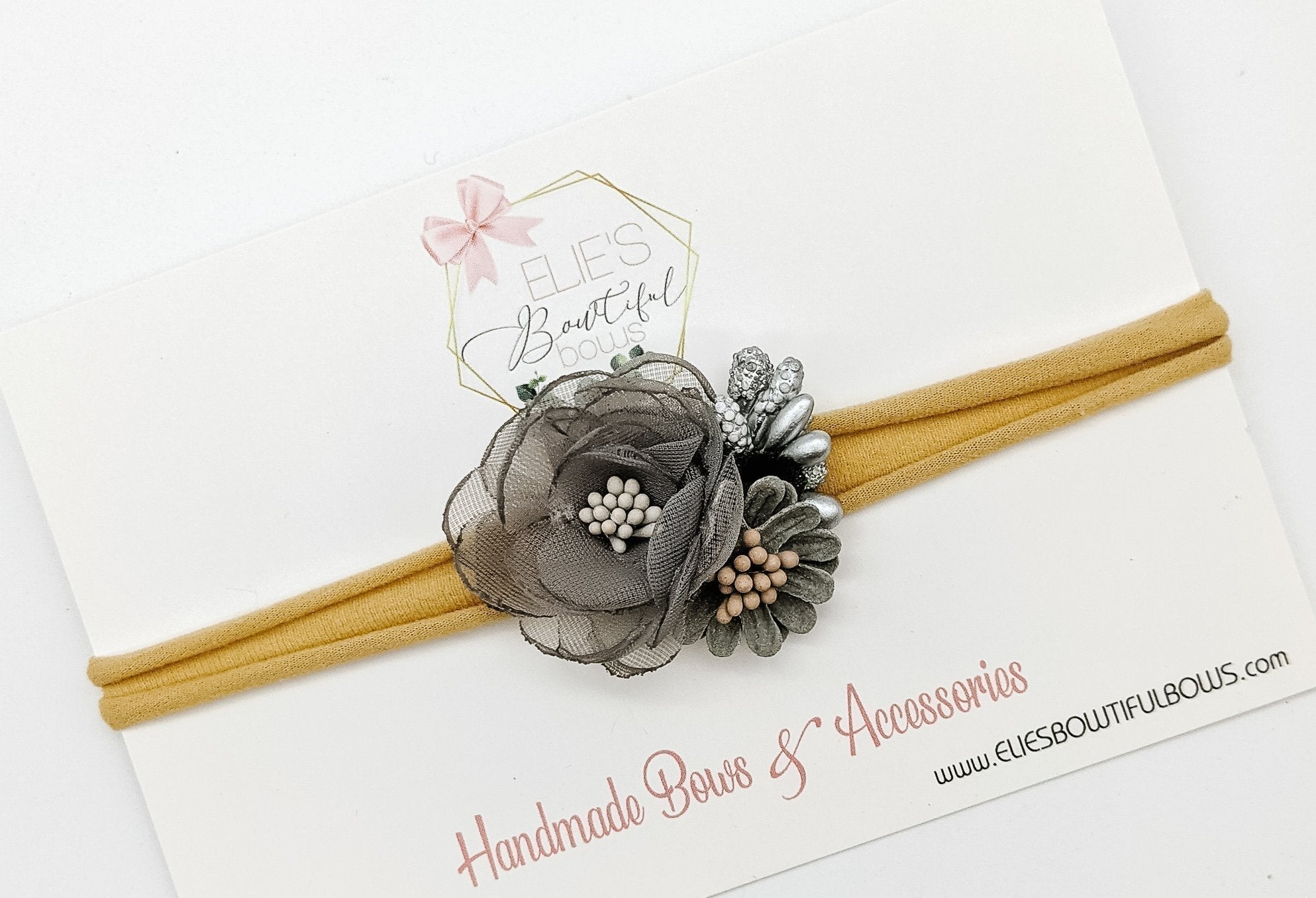 Grey Floral Headband-Bows-Elie’s Bows