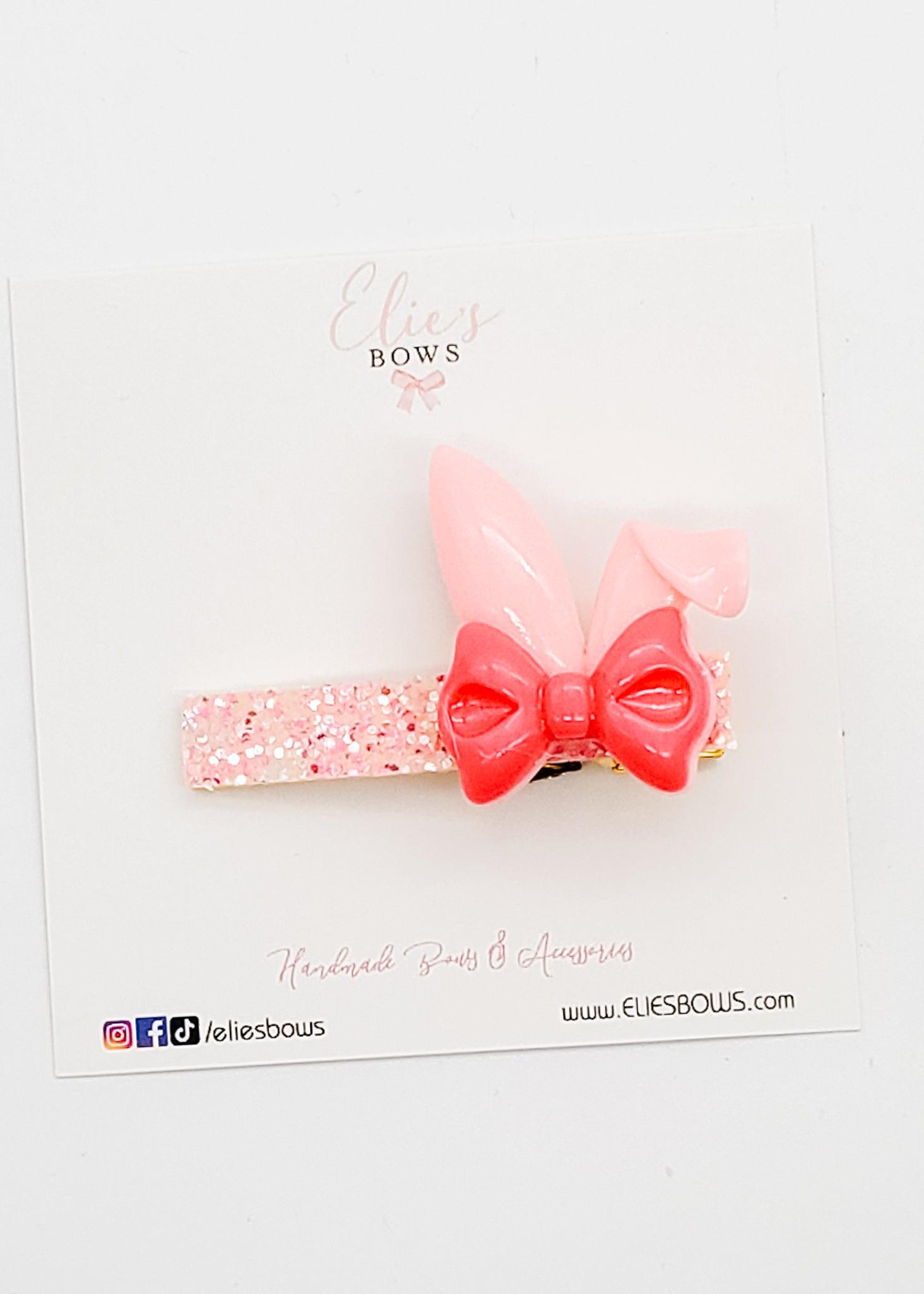 Pink Bunny Ears & Dark Pink Bow - Bar Clip - 2.5"-Snap Clips-Elie’s Bows