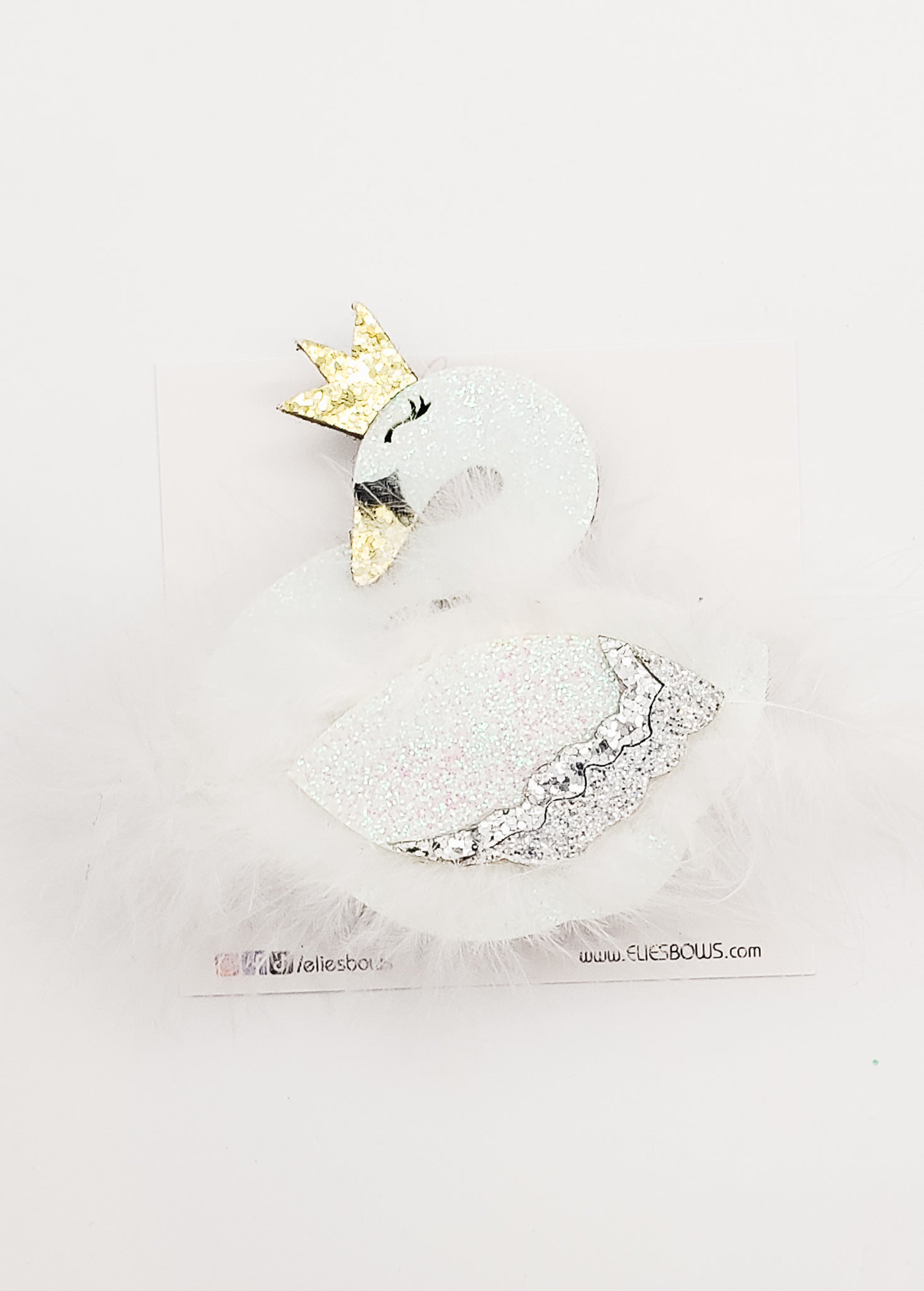 White Glitter Queen Swan - Clip - 3.2"-Snap Clips-Elie’s Bows