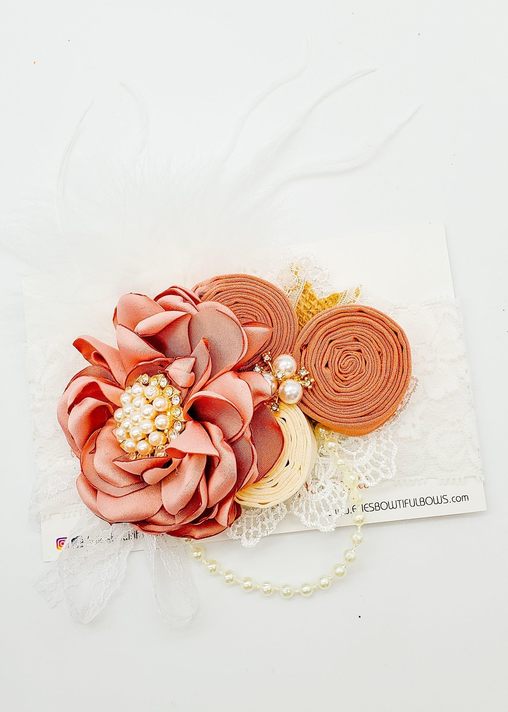 White Pearls & Roses Floral Gatsby Headband-Headband-Elie’s Bows