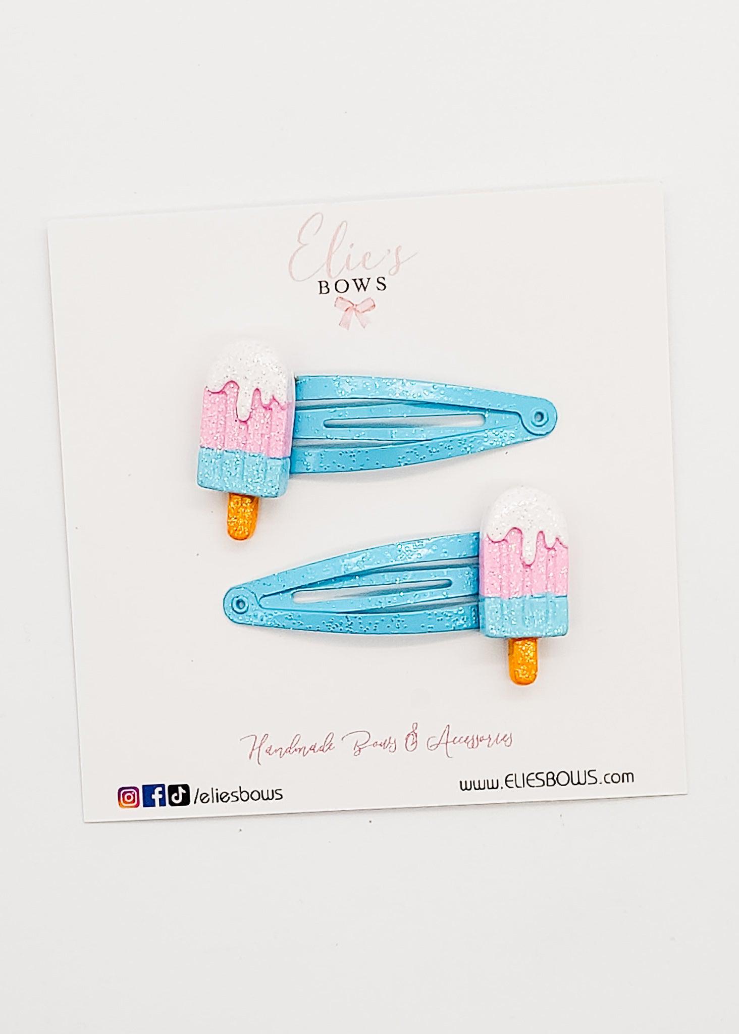 Blue Shimmer Popsicle Pigtails - Snap Clips - 2.5"-Snap Clips-Elie’s Bows