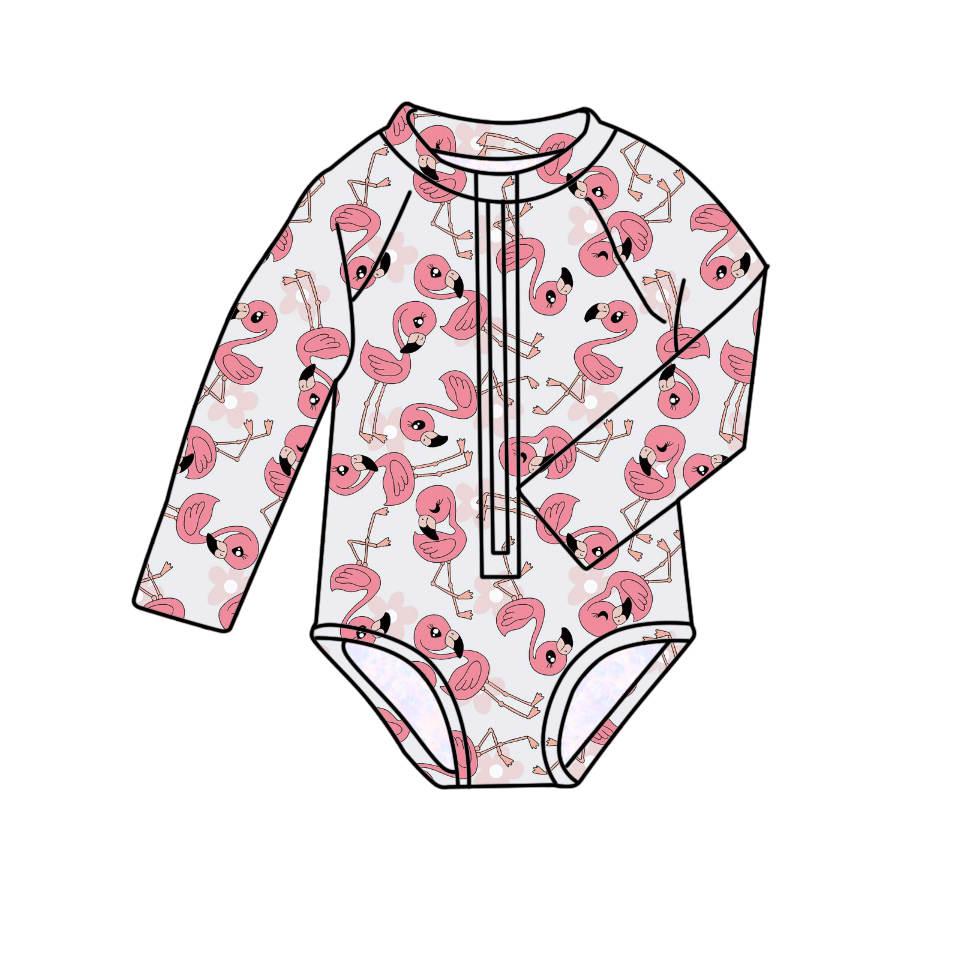 Flamingo & Flowers - One Piece Long Sleeve Bathing Suit PRE-ORDER-Bathing suits-Elie’s Bows
