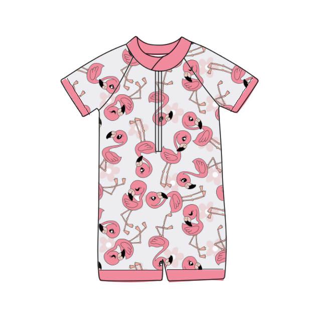 Flamingo & Flowers - One Piece Short Sleeve Unisex Bathing Suit PRE-ORDER-Bathing suits-Elie’s Bows