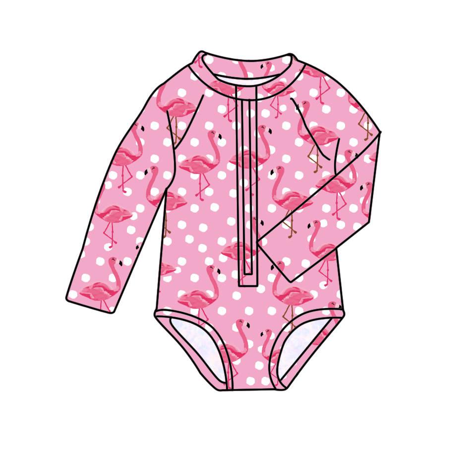 Flamingo & Polka Dots - One Piece Long Sleeve Bathing Suit PRE-ORDER-Bathing suits-Elie’s Bows