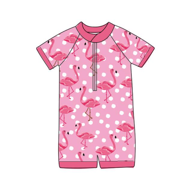 Flamingo & Polka Dots - One Piece Short Sleeve Unisex Bathing Suit PRE-ORDER-Bathing suits-Elie’s Bows