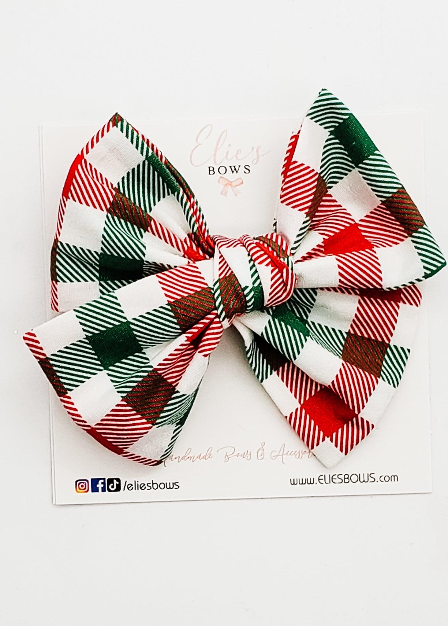 Green & White Plaid - Elie Fabric Bow - 3.5"-Bows-Elie’s Bows