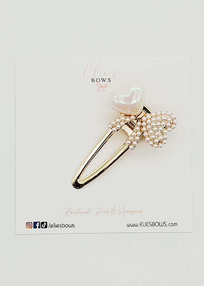 Pearl Heart Bow Deluxe - Snap Clip - 2.5"-Snap Clips-Elie’s Bows
