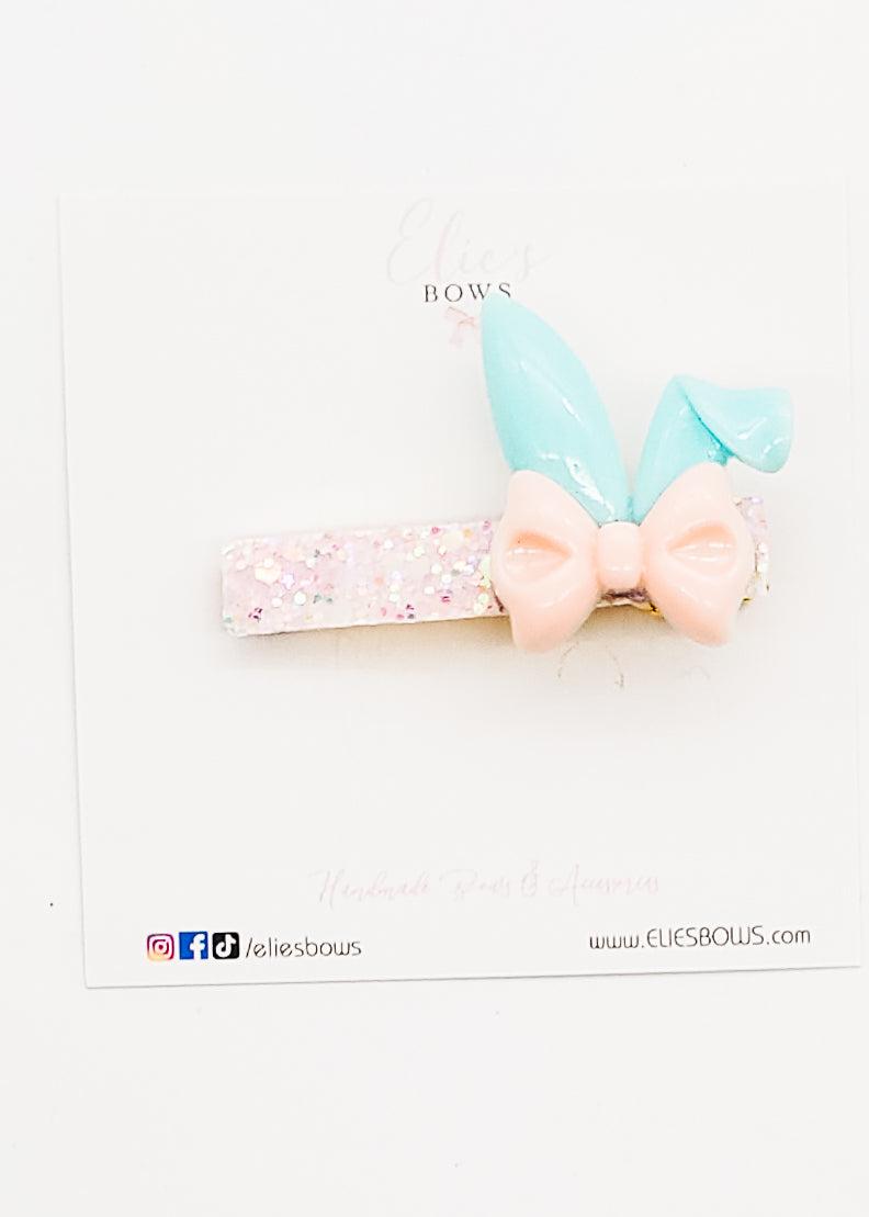 Pink Bunny Bow & Blue Ears - Bar Clip - 6cm-Snap Clips-Elie’s Bows