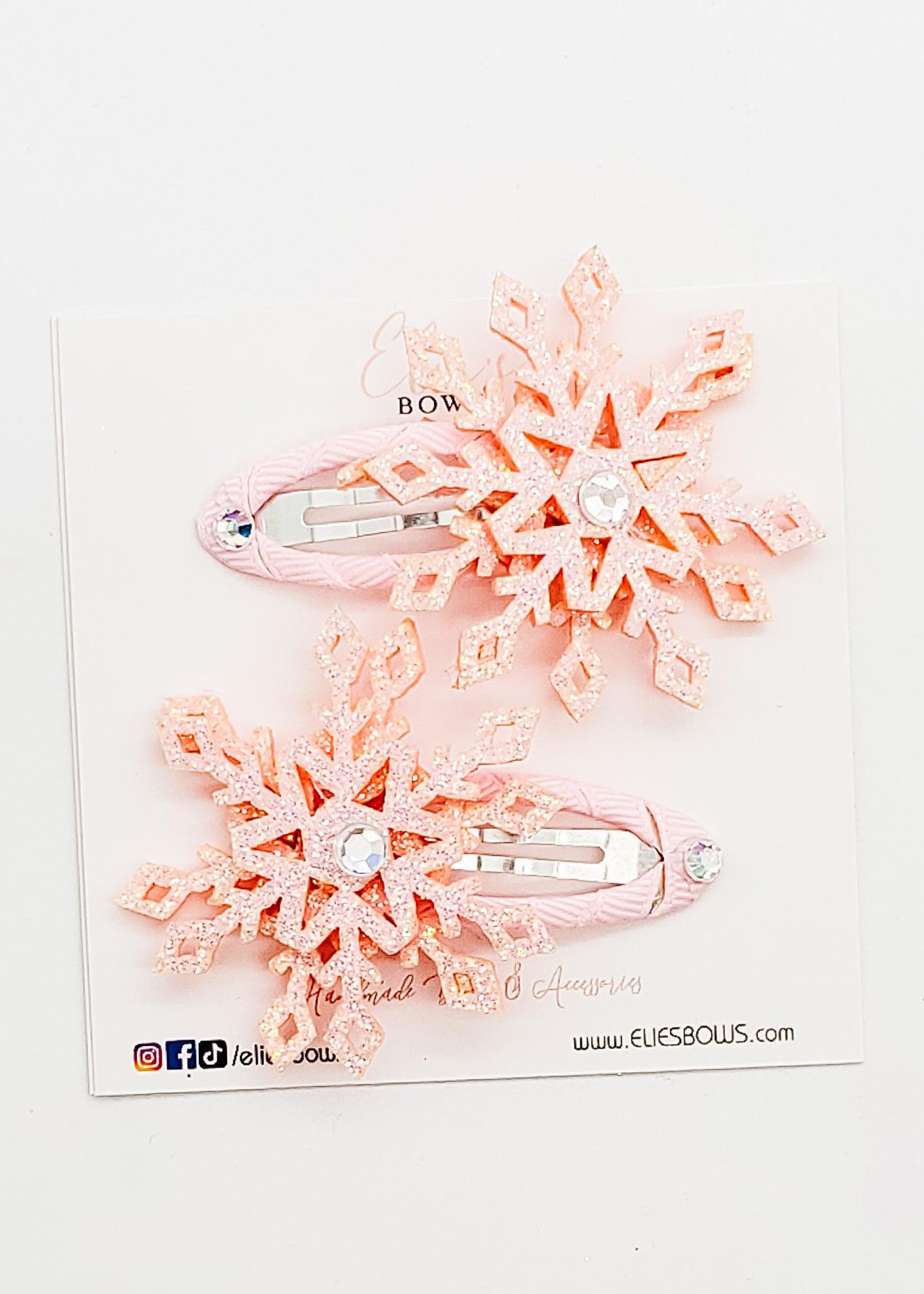 Pink Snowflake - Snap Clip Pigtails - 2.5"-Snap Clips-Elie’s Bows