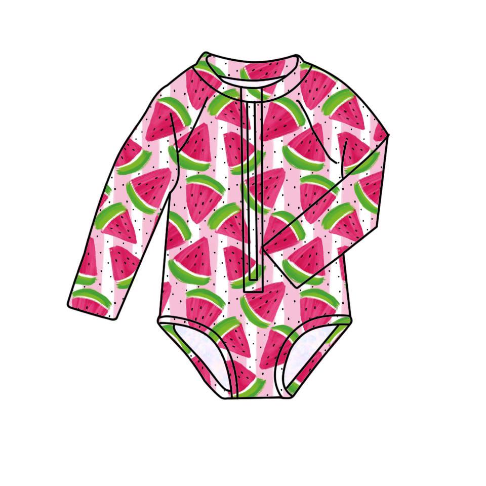Pink Watermelon - One Piece Long Sleeve Bathing Suit PRE-ORDER-Bathing suits-Elie’s Bows
