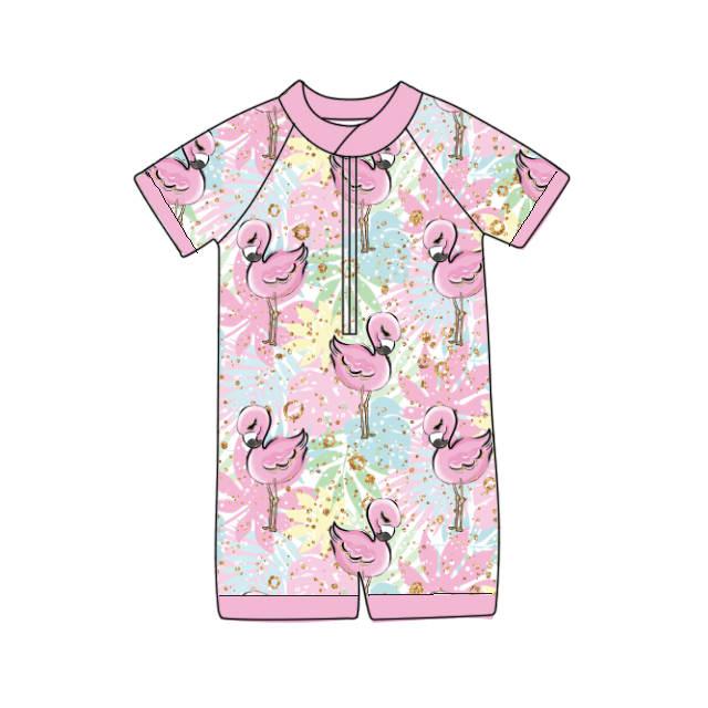Pretty Flamingo - One Piece Short Sleeve Unisex Bathing Suit PRE-ORDER-Bathing suits-Elie’s Bows