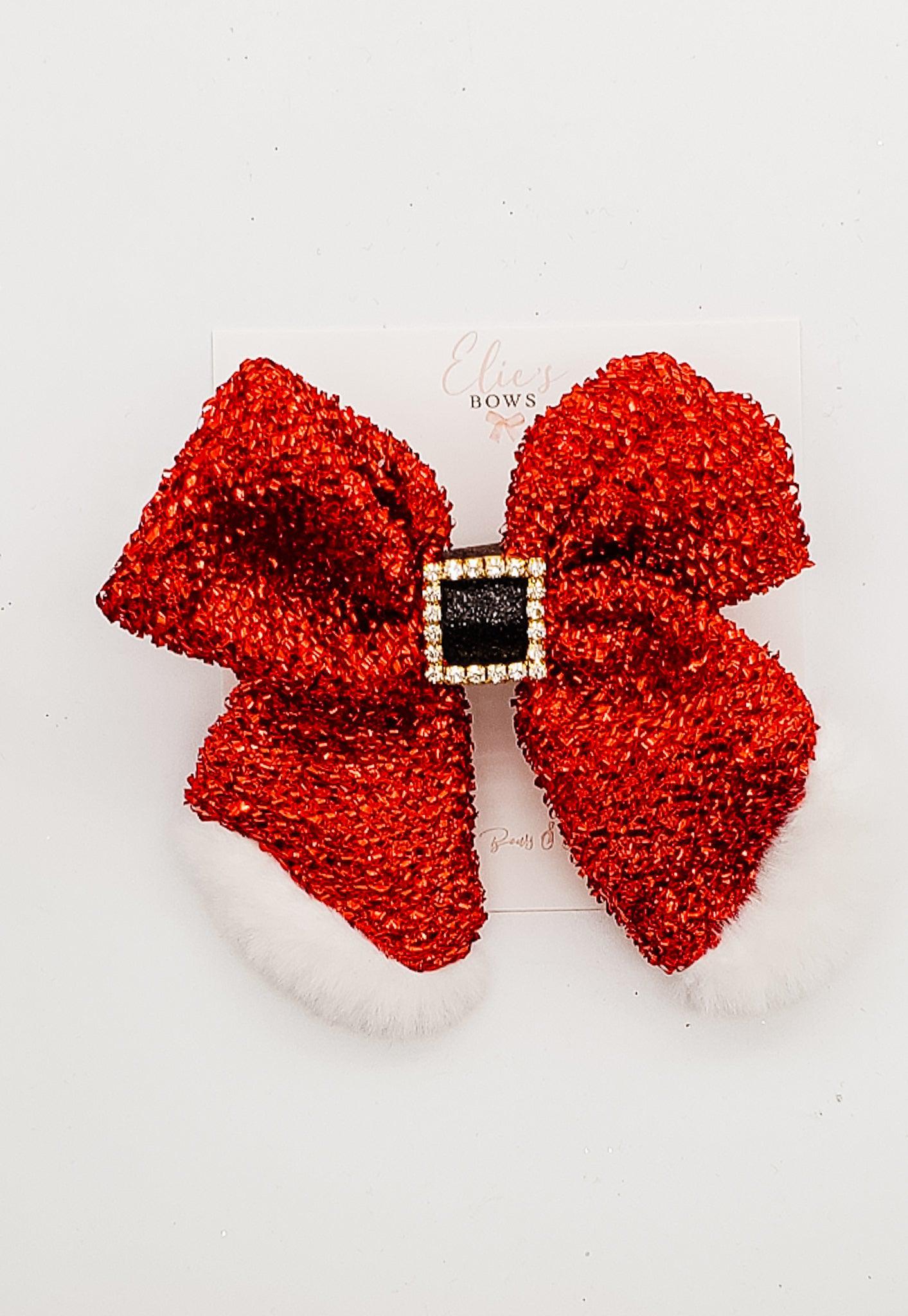 Red Tinsel Santa Bow - Fabric Bow - 3.5"-Bows-Elie’s Bows