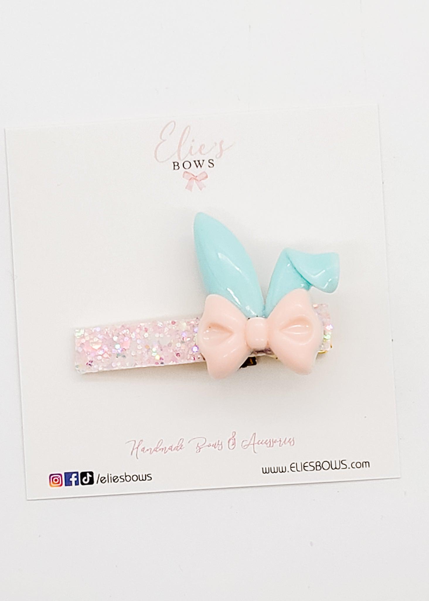 Blue Bunny Ears & Pink Bow - Bar Clip - 2.5"-Snap Clips-Elie’s Bows
