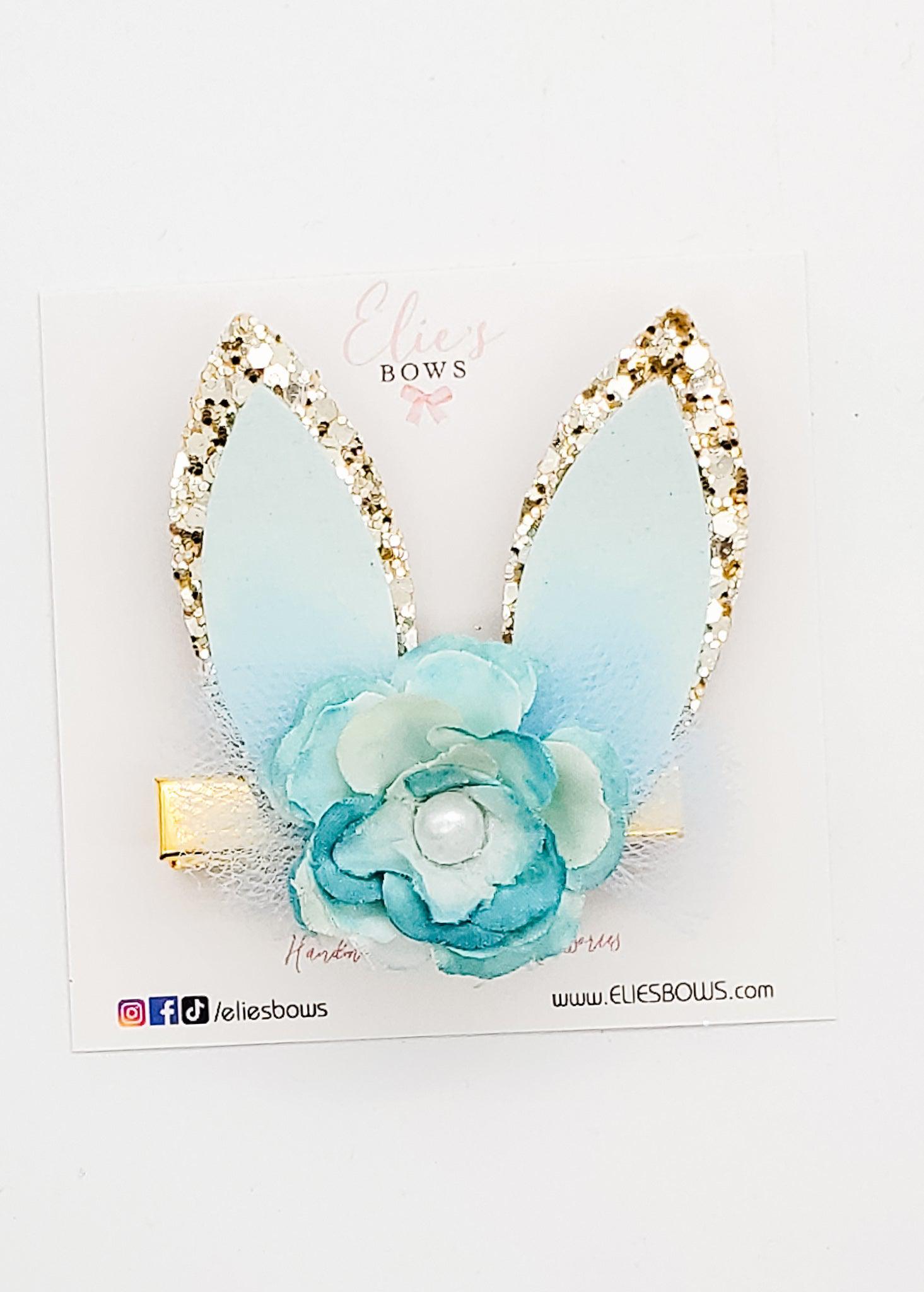 Blue Floral Bunny Ears Clip - 2.5"-Bows-Elie’s Bows