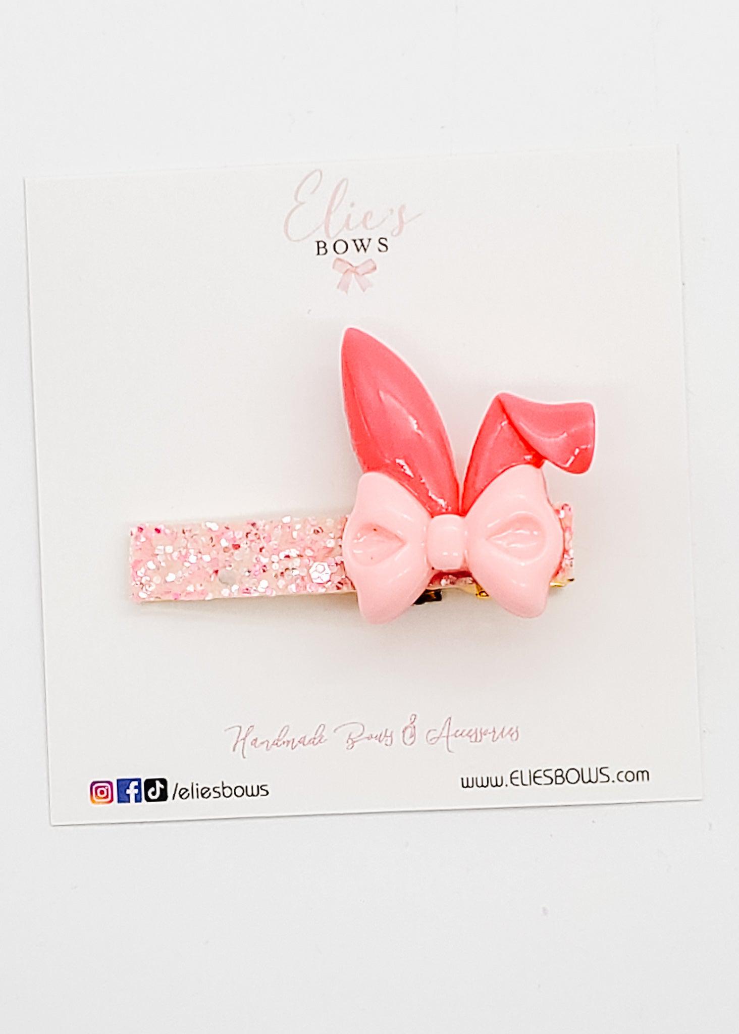 Dark Pink Bunny Ears & Pink Bow - Bar Clip - 2.5"-Snap Clips-Elie’s Bows