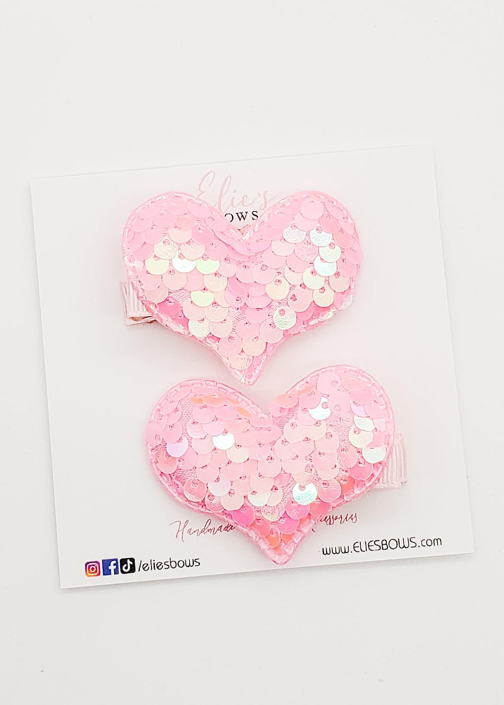 Pink sequence heart - Pigtails - 2"-Pigtails-Elie’s Bows