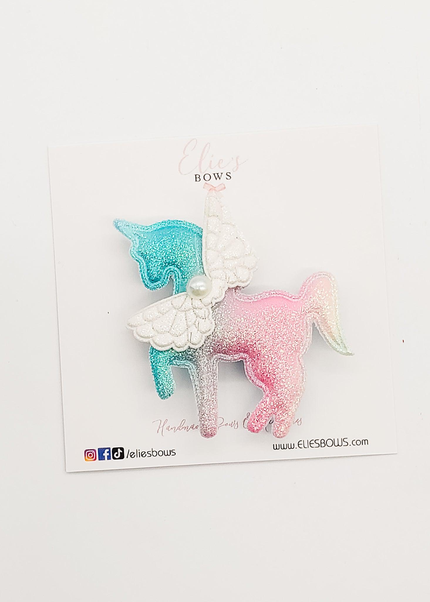 Rainbow (Blue, Pink & Orange) Shimmer Unicorn - Clips - 2.5"-Snap Clips-Elie’s Bows