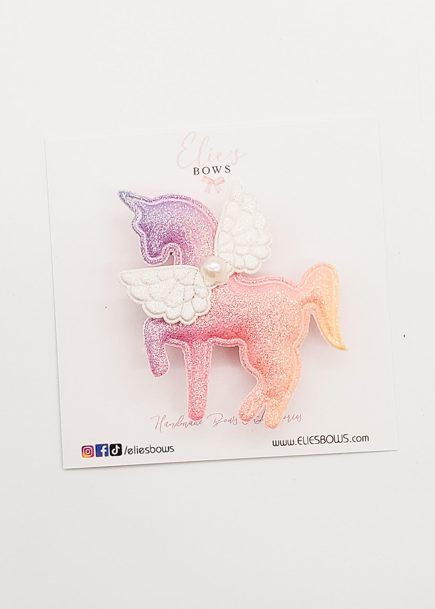 Rainbow (Purple, Pink & Orange) Shimmer Unicorn - Clips - 2.5"-Snap Clips-Elie’s Bows